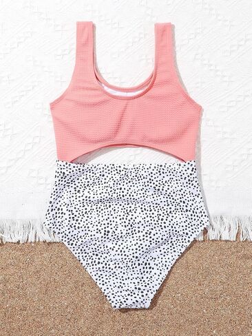MakeMeChic Girl's Cut Out Dot Print One Piece Swimsuit Color Block Bathing Suit in Saudi Arabia