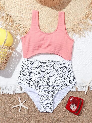MakeMeChic Girl's Cut Out Dot Print One Piece Swimsuit Color Block Bathing Suit in Saudi Arabia
