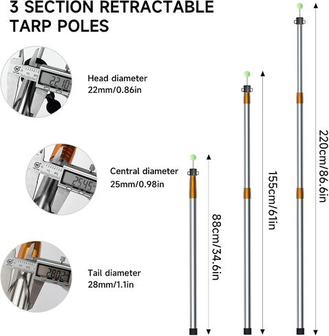 KOMCLUB Telescoping Tent Tarp Pole Adjustable Tarp Poles 3 Section Heavy Duty Canopy Poles Stainless Steel Portable Camping Poles 33"-86.61" for Hiking Car Canopy Awning 2Pcs Set (Blue) in Saudi Arabia