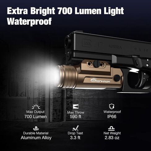 CRONHAWK Pistol Flashlight Rechargeable 700 Lumen Rail Mounted Tactical Flashlight Compact Weapon Light for Gun Light fits Picatinny in Kuwait