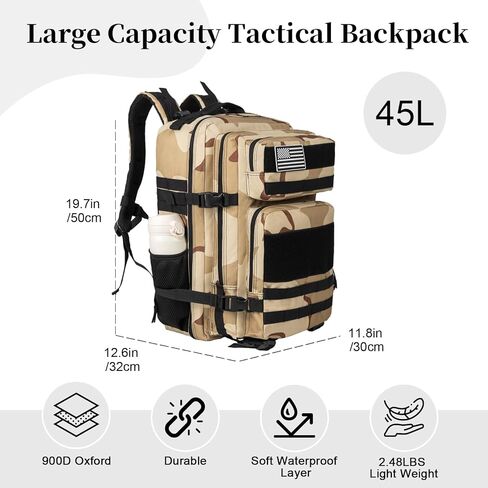 Tactical Backpack for Men and Women, 45L Large Capacity Military Backpack, Molle Backpack used for Outdoor Hiking, Fitness, Camping, Daily Work, Hunting in Kuwait