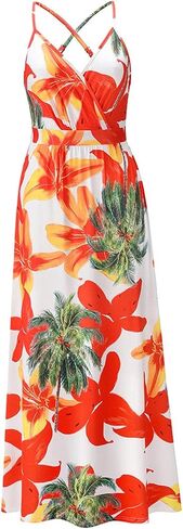 Womens Casual Deep V Neck Floral Bohemian Spaghetti Strap Beach Maxi Dress in Kuwait
