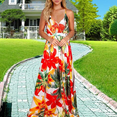 Womens Casual Deep V Neck Floral Bohemian Spaghetti Strap Beach Maxi Dress in Kuwait
