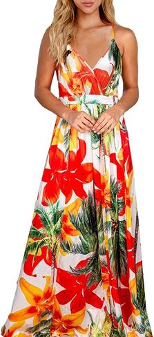 Womens Casual Deep V Neck Floral Bohemian Spaghetti Strap Beach Maxi Dress in Kuwait