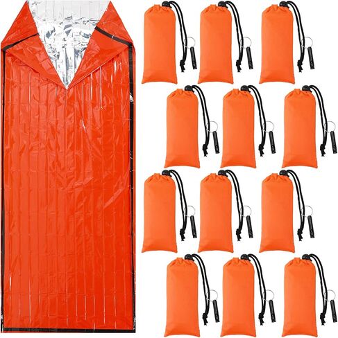 12 Set Emergency Sleeping Bag Survival Bivvy Sack Blanket with Whistles Lightweight Portable Thermal Survival Bag Thick Mylar Tent with Hood Extension Nylon Stuff Sack for Camping Hiking Outdoor in Saudi Arabia