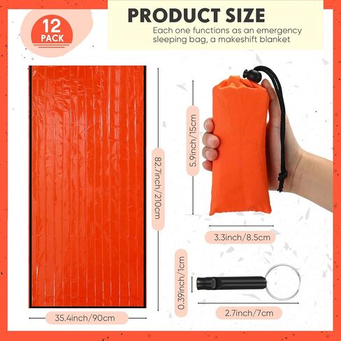 12 Set Emergency Sleeping Bag Survival Bivvy Sack Blanket with Whistles Lightweight Portable Thermal Survival Bag Thick Mylar Tent with Hood Extension Nylon Stuff Sack for Camping Hiking Outdoor in Saudi Arabia