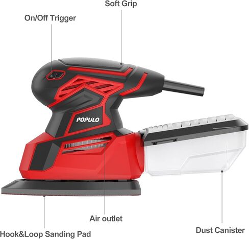 POPULO Detail Sander Palm Sander,14,000 OPM Electric Detail Sander with 12 Pieces Sandpapers, Power Sander with Dust Box for Woodworking in Kuwait