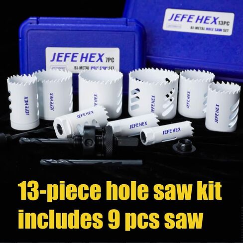 مجموعة منشار ثقب JEFE HEX مكونة من 13 قطعة، طقم منشار ثقب ثنائي المعدن، مجموعة قطع ثقب ثنائي المعدن M42 مع منشار ثقب 9 قطع - 3/4 بوصة، 7/8 بوصة، 1-1/8 بوصة، 1-3 /8"، 1-1/2"1-3/4"، 2"، 2-1/4" و2-1/2" للمعادن والخشب والخشب الرقائقي والجدران الجافة وألواح PV in Kuwait
