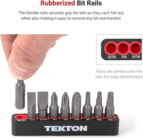 TEKTON 1/4 بوصة فيليبس، مشقوقة، مجموعة لقم مربعة مع سكة، 9 قطع (#1-#3، 3/16-5/16 بوصة، S1-S3) | DZZ93001 in Kuwait