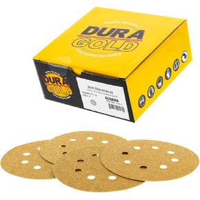 Dura-Gold Premium - Variety Pack - 5" Gold Sanding Discs - 8-Hole Dustless Hook and Loop - 10 Each of Grit (60, 80, 120, 220, 320) - Box of 50 Sandpaper Finishing Discs for Woodworking or Automotive