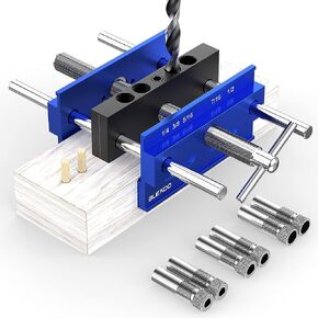 Upgraded 6.7 inch Self Centering Doweling Jig Kit, Drill Jig For Straight Holes Biscuit Joiner Set With 6 Drill Guide Bushings, Adjustable Width Drilling Guide Power Tool Accessory Jigs (Blue)