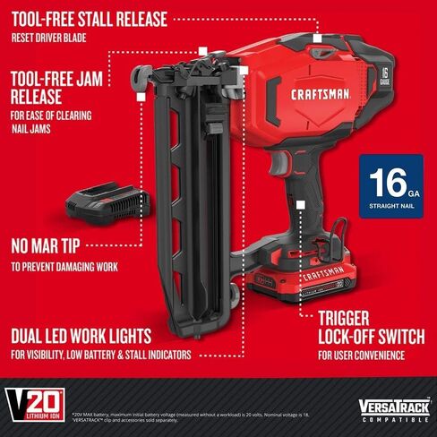 CRAFTSMAN V20 Cordless Finish Nailer Kit, Nail Gun, 16GA, 2-1/2 Nails, Battery and Charger Included (CMCN616C1) in Kuwait