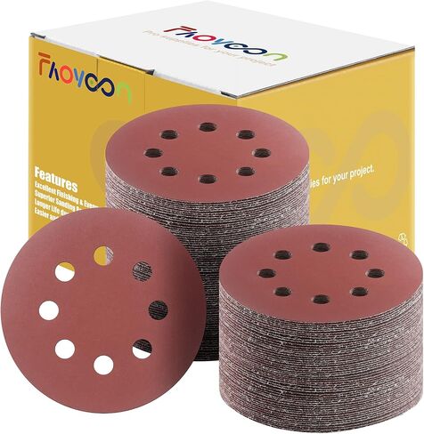 Faoyoon Sanding Disc 5 Inch 8 Hole, 100 Pcs Orbital Sanding Discs Hook and Loop, Sandpaper for Wood, 40 60 80 120 220 Grit Sand Paper for Random Orbital Sander in Saudi Arabia