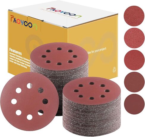 Faoyoon Sanding Disc 5 Inch 8 Hole, 100 Pcs Orbital Sanding Discs Hook and Loop, Sandpaper for Wood, 40 60 80 120 220 Grit Sand Paper for Random Orbital Sander in Saudi Arabia