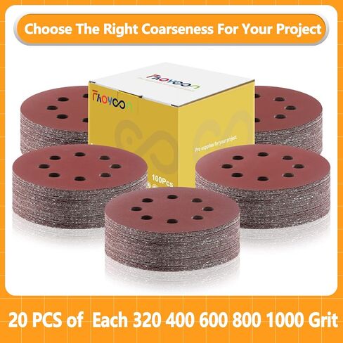 Faoyoon Sanding Disc 5 Inch 8 Hole, 100 Pcs Orbital Sanding Discs Hook and Loop, Sandpaper for Wood, 40 60 80 120 220 Grit Sand Paper for Random Orbital Sander in Saudi Arabia