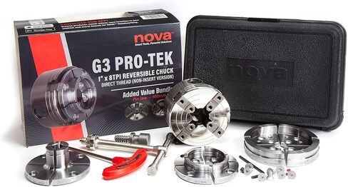 حزمة NOVA 48293 ممتازة برو-تيك G3 مجموعة فك برو تيك 2.08 سم، مجموعة فك بدبابيس JSPIN 2.54 سم، مجموعة فك وعاء JS100N 4 بوصة، براغي خشبية وحقيبة للتخزين. 1"x 8 TPI فقط (لا تستخدم الحشو) in Kuwait