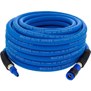 Master Elite Series 25-Foot Hybrid Polymer Air Hose with 1/4" NPT Male Ends - Universal Aluminum Quick Coupler and Plug - HD Lightweight Super Strong & Flexible 3/8" ID - Spray Gun Air Tool Compressor