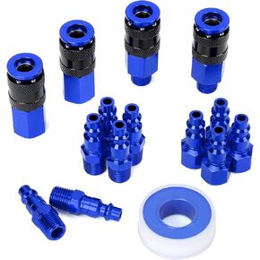 15 Pieces 1/4" NPT Aluminum Air Coupler and Plug Kit, Quick Connect Air Fittings, Industrial Quick Connector Set (Blue)