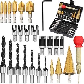 LAMPTOP 28 Pcs Woodworking Chamfer Drilling Tools, Including Countersink Bit, Wood Plug Cutter Drill Bit Set (2 Styles), 5-Flute Countersink Drill Bit, 2 pcs L-Wrenches and Automatic Center Punch