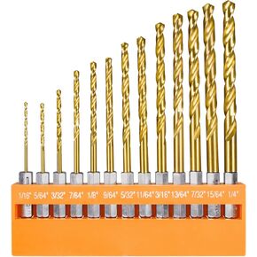Drill Bit Set 13 Piece Twist Hex Shank Quick Change High Speed Steel Titanium Coating for Metal, Aluminum Alloy and Plastic Wood 1/16" to 1/4"