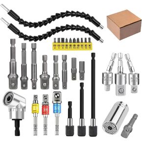 32pcs Flexible Drill Bit Extension Set, Rotatable Joint Socket 1/4 3/8 1/2 Inch Hex Socket Adapter, 105°Right Angle Drill Attachmen, Bendable Drill Bit Extension Screwdriver Kit with a Box (Black) in Saudi Arabia