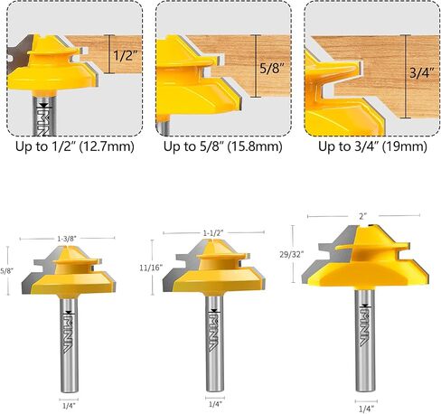 MNA 45 Degree Lock Miter Router Bit 3-piece Set, for 1/2", 5/8", 3/4" Cutting Height, 1/4 Inch Shank. Easy to Create Lock Miter Joint in Saudi Arabia