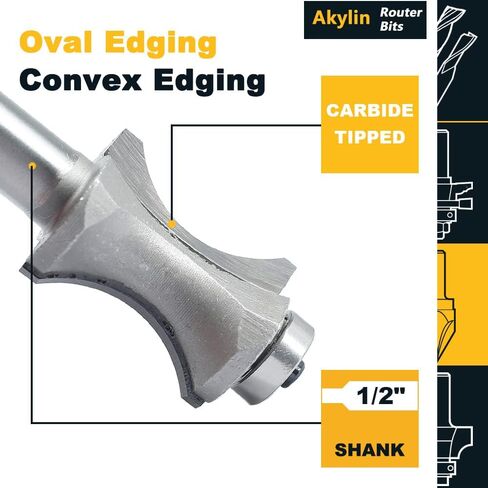 لقمة توجيه بيضاوية بحافة محدبة من Akylin مقاس 1/2 بوصة SHK × 1-7/16 بوصة CL، وبولنوسي ضحل بطول 1-1/8 بوصة مع محمل، لقم توجيه قولبة عمود محدب - مثالية لمداس الدرج وحواف الرف in Kuwait