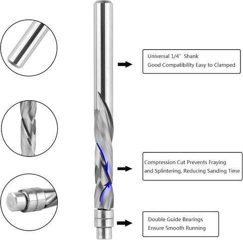 SpeTool Spiral Flush Trim Router Bit 1/4 Inch Shank 1-1/8 Inch Cutting Length Extra Long 3 Inch OVL, UP Down Compression Pattern Template Router Bit for Wood Trimming in Saudi Arabia