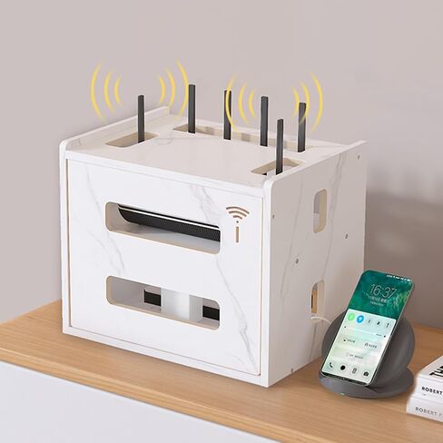 Wireless Router Storage Box,Wooden Power Router Fences Standing Shelf Units,Multi-Layers WiFi Router Desktop Storage Box,13.4 * 10.1 * 11" in Saudi Arabia
