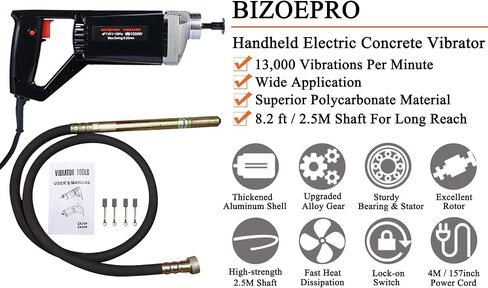 BIZOEPRO Hand Held Power Concrete Vibrator 1500W 13000rpm With 2.5M(8-1/5feet) Shaft Rod Electric Concrete Vibrabrater Portable Construction Pencil Vibrator in Kuwait
