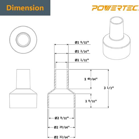 POWERTEC 70140 2-1/2" إلى 1-1/4" خرطوم مخفض - وحدة تحويل لملحقات تجميع الغبار in Kuwait