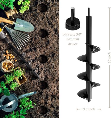 K-Brands Auger Drill Bit for Planting – 1.6 x 16 Inch & 3.5 x 16 Inch Set - Garden Spiral Hole Drill and Bulb Planter Tool - Bedding Plants, Umbrella Holes - 3/8 Inch Hex Drive Drill in Kuwait