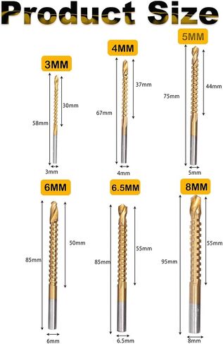 Rocaris 6 Pack Titanium Coated HSS Twist Drill Bits, 3-8mm Serrated Side Cutting Drill Bit Woodworking Tools for Plastic Metal Wood Hole in Kuwait