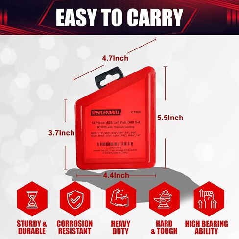 wesleydrill 13PCS Left Hand Drill Bit Set 1/16"-1/4" Titanium Twist Reverse Drill Bits Fit for Cutting Metal, Cast Iron, Hard Plastics and Wood, and Softer Materials in Kuwait