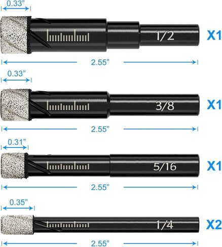 8 Pack Diamond Drill Bits Set for Granite Ceramic Marble Tile Stone Glass Hard Materials, Integrated Coolant for Fast Dry Drilling, Size 3/16 1/4 5/16 3/8 1/2 inch Masonry Core Drill Bits, Round Shank in Kuwait