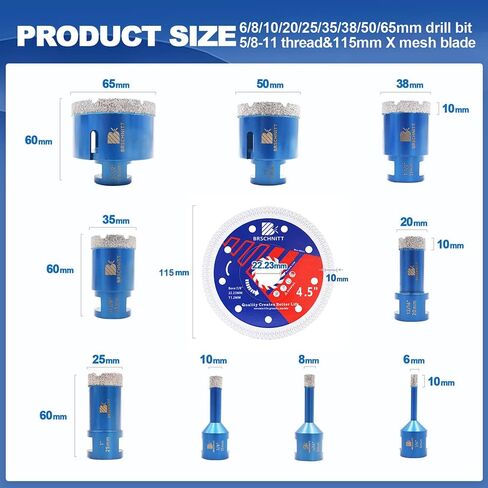 Diamond Core Drill Bit Set for Porcelain Tile Ceramic Marble Granite Drilling,BRSCHNITT 9pcs Vacuum Brazed Diamond Hole Saw with 5/8-11 Thread （1/4" 3/8" 4/5" 1-3/8" 2" 2-1/2"） in Kuwait