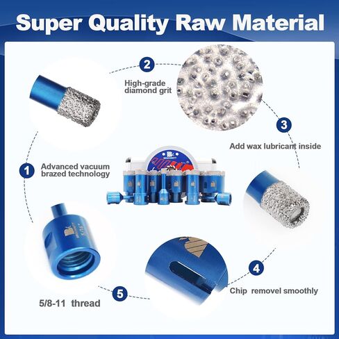 Diamond Core Drill Bit Set for Porcelain Tile Ceramic Marble Granite Drilling,BRSCHNITT 9pcs Vacuum Brazed Diamond Hole Saw with 5/8-11 Thread （1/4" 3/8" 4/5" 1-3/8" 2" 2-1/2"） in Kuwait