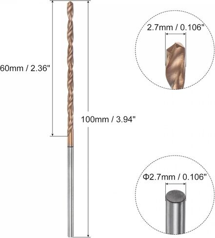 uxcell Twist Drill Bit, 2.7mm Titanium Coated Solid Tungsten Carbide K35 Straight Shank 100mm Long Length for Drilling Stainless Steel Alloy Steel in Saudi Arabia