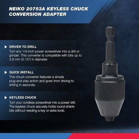 NEIKO 20753A Keyless Chuck Conversion Adapter | 1/4" Hex Shank | Convert Cordless Screwdrivers into Power Drills in Seconds | For Round-Shank Drill Bits | No Keys Needed to Tighten(Pack of 30) in Saudi Arabia