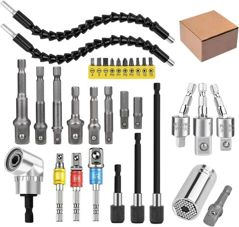 32pcs Flexible Drill Bit Extension Set, Rotatable Joint Socket 1/4 3/8 1/2 Inch Hex Socket Adapter, 105°Right Angle Drill Attachmen, Bendable Drill Bit Extension Screwdriver Kit with a Box (Black) in Saudi Arabia