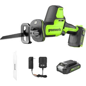 Greenworks 24V Brushless 1 "منشار ترددي مدمج بيد واحدة (3000 SPM)، منشار استقبال متغير السرعة يعمل لاسلكيًا، بطارية 2.0 أمبير وشاحن مدمج متضمن، RSG404 in Kuwait