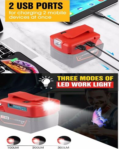 for Milwaukee USB Charger,for Milwaukee Battery Adapter,for Phone Charger Fast Charging,Replacement for Milwaukee Power Source with LED Work Light,18V to12V Step Down in Saudi Arabia