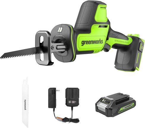 Greenworks 24V Brushless 1 "منشار ترددي مدمج بيد واحدة (3000 SPM)، منشار استقبال متغير السرعة يعمل لاسلكيًا، بطارية 2.0 أمبير وشاحن مدمج متضمن، RSG404 in Kuwait