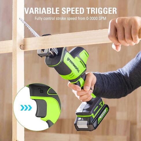 Greenworks 24V Brushless 1 "منشار ترددي مدمج بيد واحدة (3000 SPM)، منشار استقبال متغير السرعة يعمل لاسلكيًا، بطارية 2.0 أمبير وشاحن مدمج متضمن، RSG404 in Kuwait