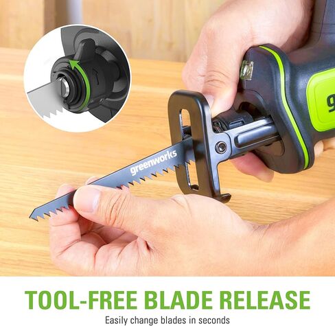 Greenworks 24V Brushless 1 "منشار ترددي مدمج بيد واحدة (3000 SPM)، منشار استقبال متغير السرعة يعمل لاسلكيًا، بطارية 2.0 أمبير وشاحن مدمج متضمن، RSG404 in Kuwait