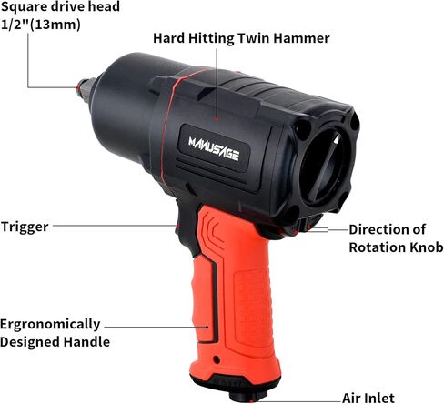 مفتاح ربط تأثير الهواء MANUSAGE 1/2 بوصة مع مطارق مزدوجة، أدوات هوائية شديدة التحمل، خرج عزم دوران قوي 1200 قدم رطل، 7000 دورة في الدقيقة، للأمام/الخلف، التحكم في السرعة، RP9510، أسود، أحمر in Kuwait