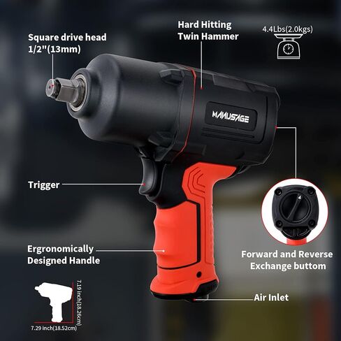 مفتاح ربط تأثير الهواء MANUSAGE 1/2 بوصة مع مطارق مزدوجة، أدوات هوائية شديدة التحمل، خرج عزم دوران قوي 1200 قدم رطل، 7000 دورة في الدقيقة، للأمام/الخلف، التحكم في السرعة، RP9510، أسود، أحمر in Kuwait