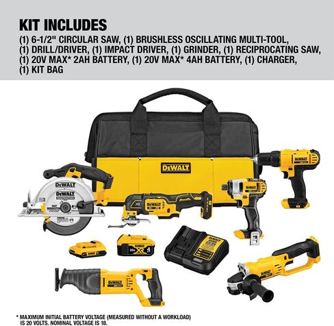 مجموعة أدوات الطاقة DEWALT 20V MAX، مجموعة أدوات كهربائية لاسلكية مكونة من 6 أدوات مع بطارية وشاحن (DCK661D1M1) in Kuwait