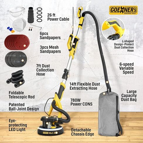 ماكينة صنفرة الحوائط الجافة، ماكينة صنفرة الحوائط الجافة الكهربائية القوية بقدرة 6.5 أمبير مع مكنسة كهربائية، إزالة الغبار بنسبة 99.5%، 7 سرعات متغيرة، 900-1800 دورة في الدقيقة، ماكينة صنفرة الأرضيات بدون غبار مع سلك طاقة 26 بوصة لسقف الفشار والأرضيات الخ in Kuwait