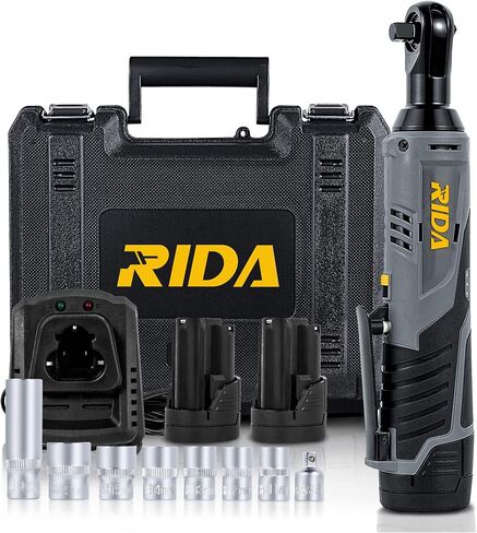 RIDA 12V Cordless Ratchet Wrench Set, Electric Ratchet Wrench Tool Kit 3/8 inch 40Ft-lbs 400 RPM w/2 * 2.0Ah Li-Ion Battery and 60-Min Fast Charger, Variable Speed Trigger 8 Sockets LED Light in Saudi Arabia